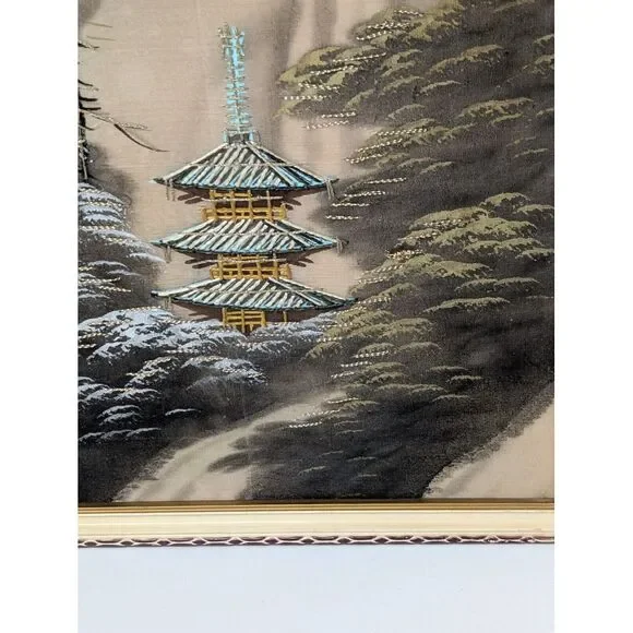 Vintage Pair of Japanese‎ Silk Paintings Embroidered Crewel Asian Mount Fuji MCM Mixed Media